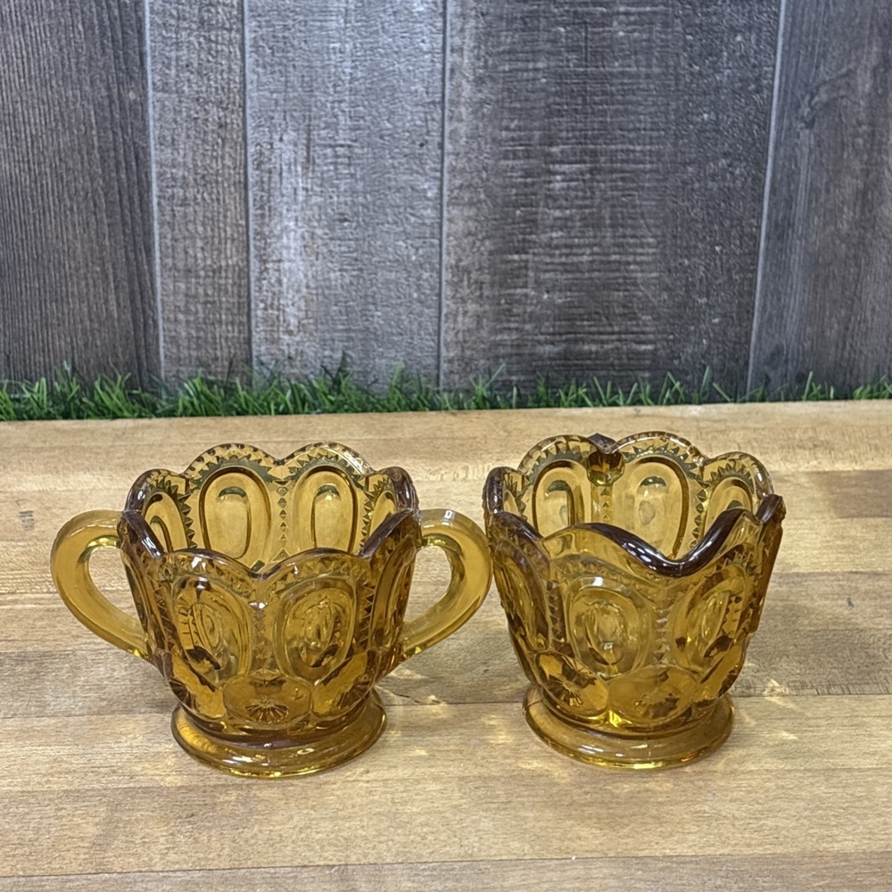 Vintage L.E. Smith Moon & Stars Amber Glass Creamer Sugar Bowl Set MCM